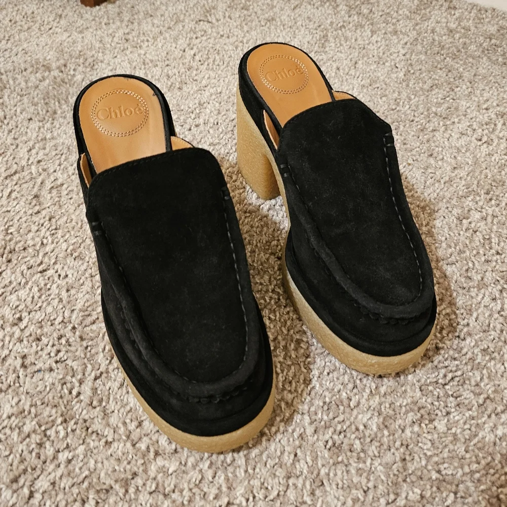 Chloé Black Suede Mules with Cream Crepe Platform - Picture 10 of 12